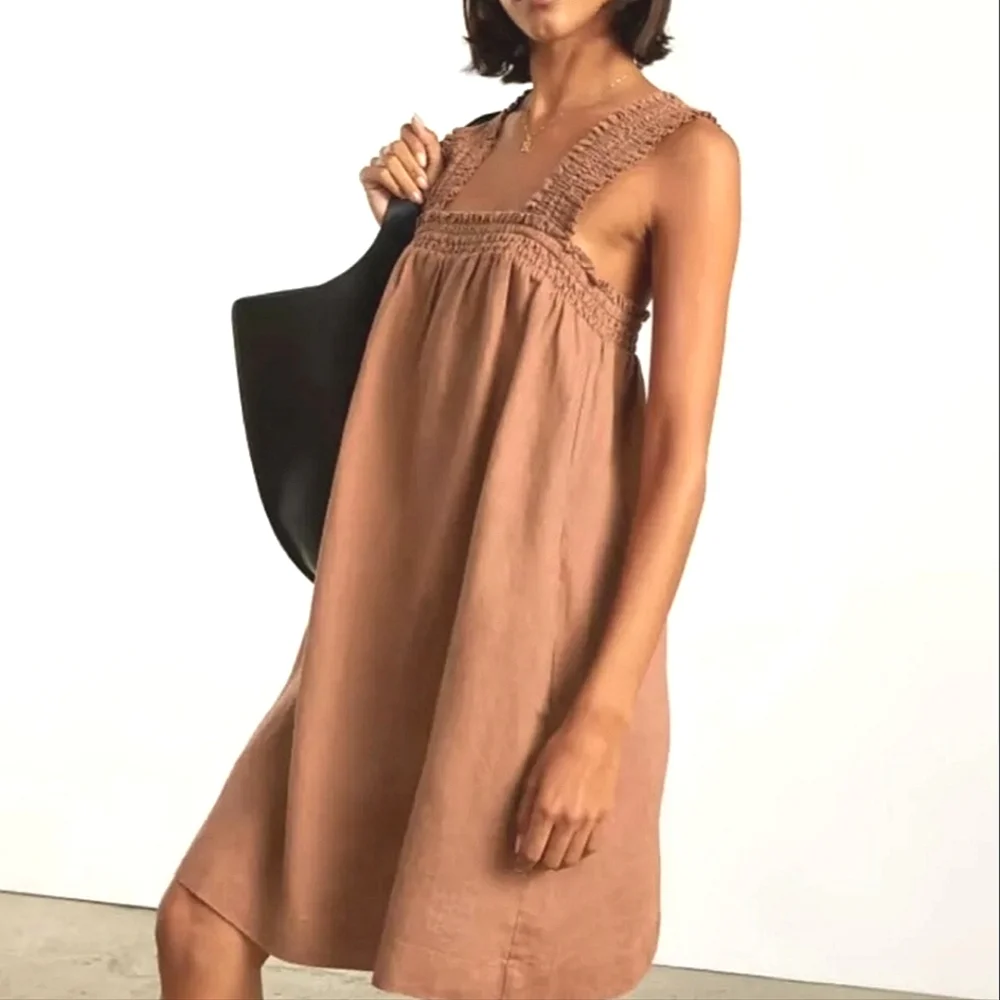 Everlane The Smocked Linen Dress Tawny Tan Brown Oversized Pockets Size … - Picture 4 of 12